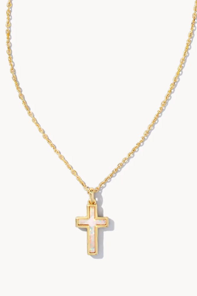 Cross Gold Pendant Necklace in White Kyocera Opal