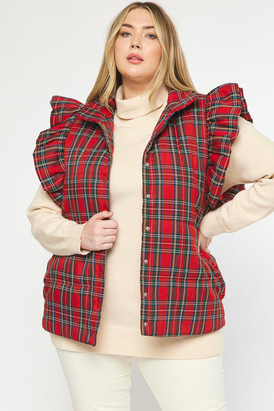 Plaid Ruffle Puffer Vest