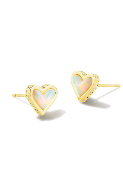 Framed Ari Heart Gold Stud Earrings in White Opalescent