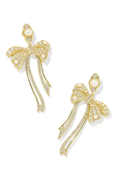 Krista Gold Bow Statement Earrings in White Mix